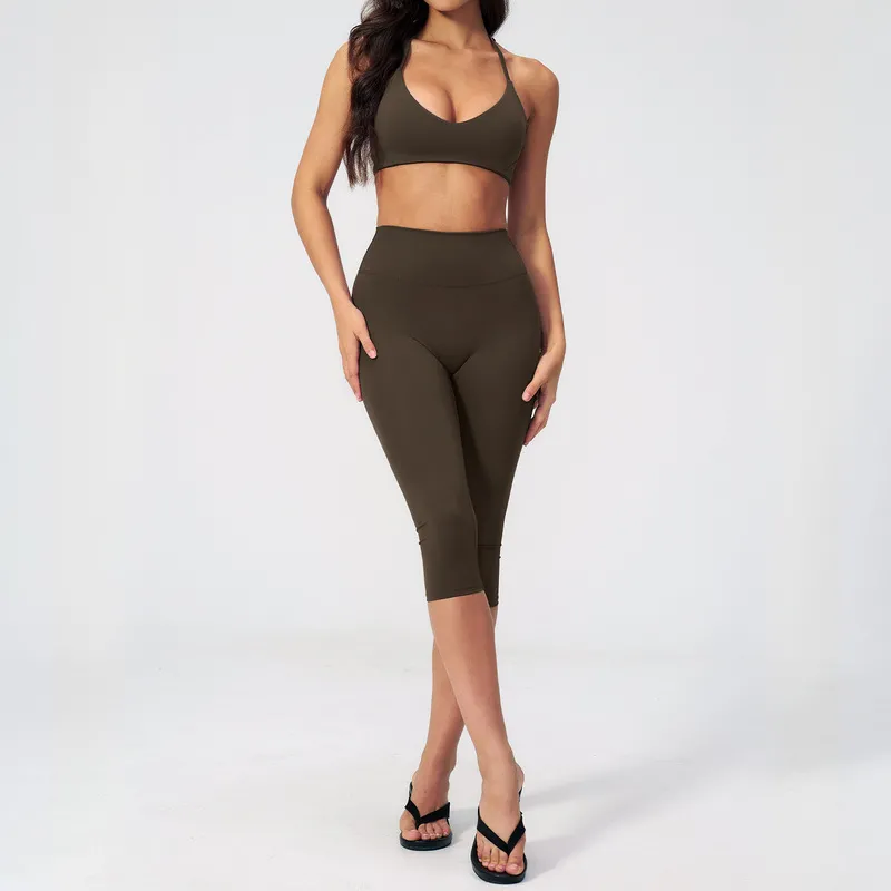 Conjunto de ropa deportiva para mujer: sujetador de alta elasticidad para gimnasio y fitness, y leggings de cintura alta (largo 3/4) para yoga - FGBTZ5529