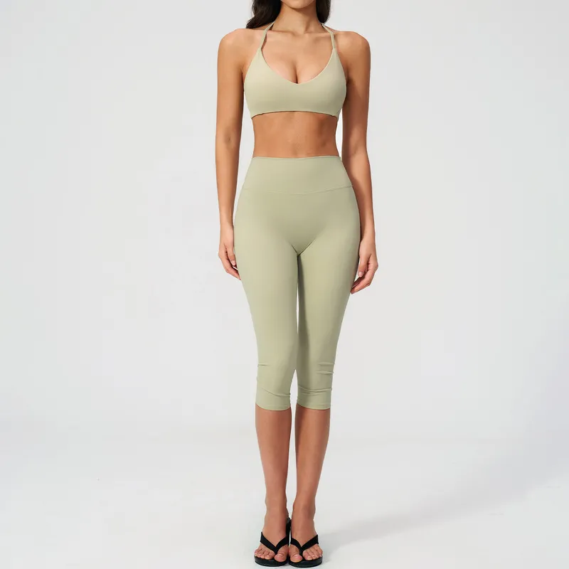 Conjunto de ropa deportiva para mujer: sujetador de alta elasticidad para gimnasio y fitness, y leggings de cintura alta (largo 3/4) para yoga - FGBTZ5529
