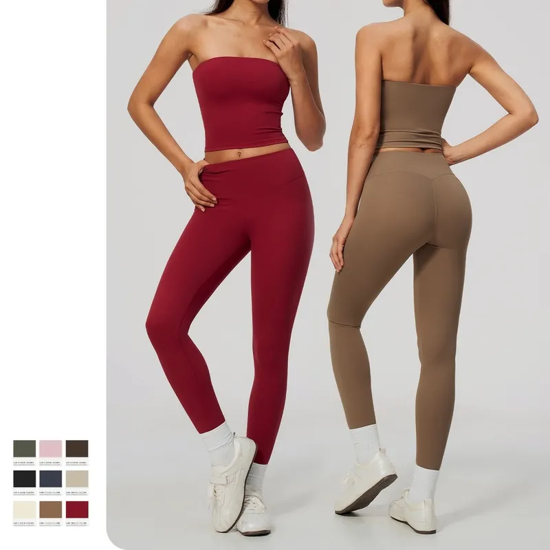 Conjunto de yoga para mujer: top tipo banda (sin tirantes) y leggings de cintura alta, conjunto de 2 piezas para entrenamiento, gimnasio y fitness (FGBTZ8793)