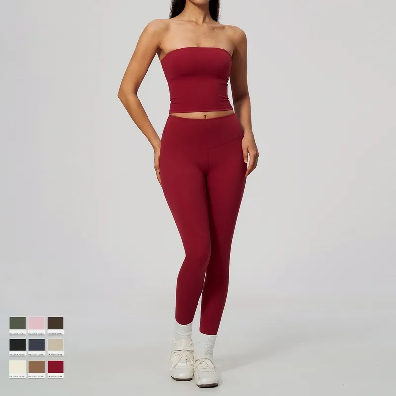 Conjunto de yoga para mujer: top tipo banda (sin tirantes) y leggings de cintura alta, conjunto de 2 piezas para entrenamiento, gimnasio y fitness (FGBTZ8793)