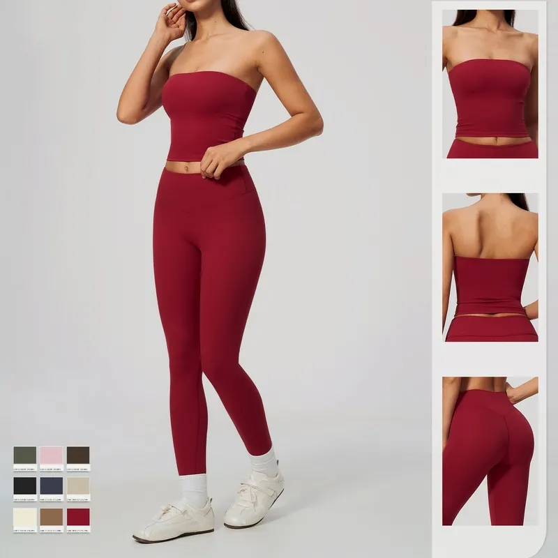 Conjunto de yoga para mujer: top tipo banda (sin tirantes) y leggings de cintura alta, conjunto de 2 piezas para entrenamiento, gimnasio y fitness (FGBTZ8793)