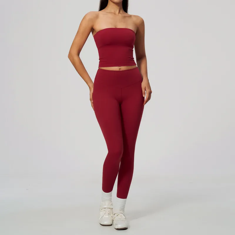 Conjunto de yoga para mujer: top tipo banda (sin tirantes) y leggings de cintura alta, conjunto de 2 piezas para entrenamiento, gimnasio y fitness (FGBTZ8793)