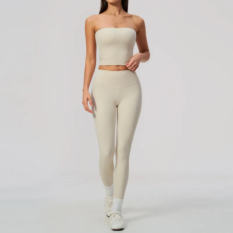 Conjunto de yoga para mujer: top tipo banda (sin tirantes) y leggings de cintura alta, conjunto de 2 piezas para entrenamiento, gimnasio y fitness (FGBTZ8793)