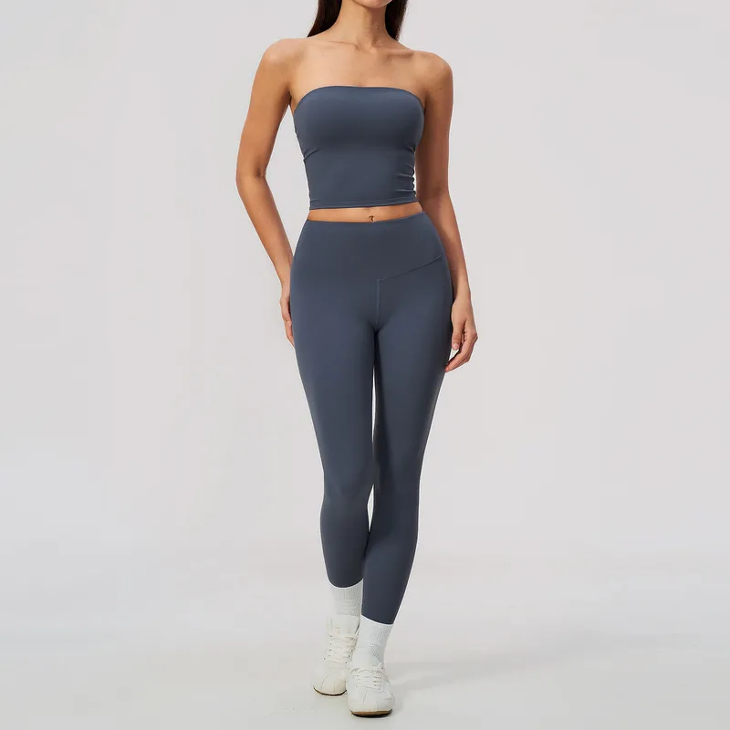 Conjunto de yoga para mujer: top tipo banda (sin tirantes) y leggings de cintura alta, conjunto de 2 piezas para entrenamiento, gimnasio y fitness (FGBTZ8793)