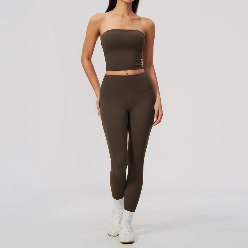 Conjunto de yoga para mujer: top tipo banda (sin tirantes) y leggings de cintura alta, conjunto de 2 piezas para entrenamiento, gimnasio y fitness (FGBTZ8793)