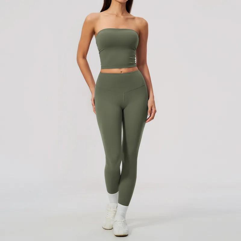 Conjunto de yoga para mujer: top tipo banda (sin tirantes) y leggings de cintura alta, conjunto de 2 piezas para entrenamiento, gimnasio y fitness (FGBTZ8793)